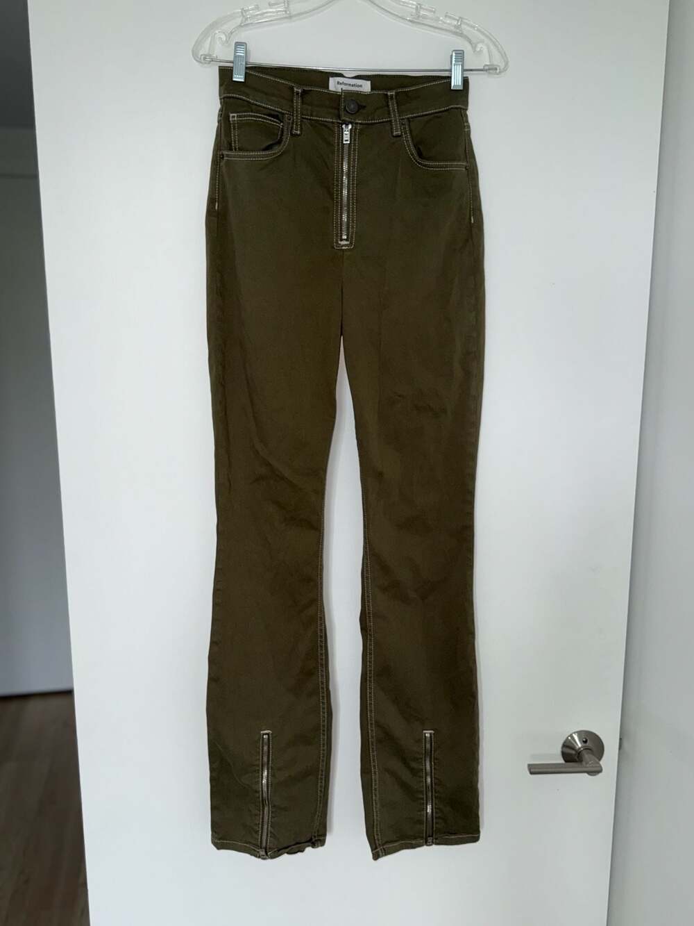 Reformation Green High Waist Contrast Stitch Zipper Leg Flare Denim Jeans